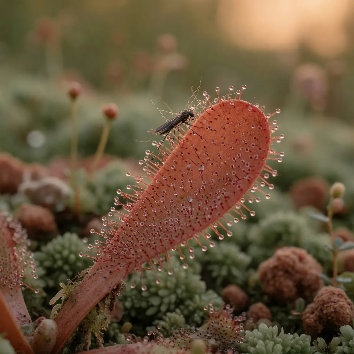 A sundew leaf covered in glistening, dew-like droplets on fine tentacles, capturing a small insect.