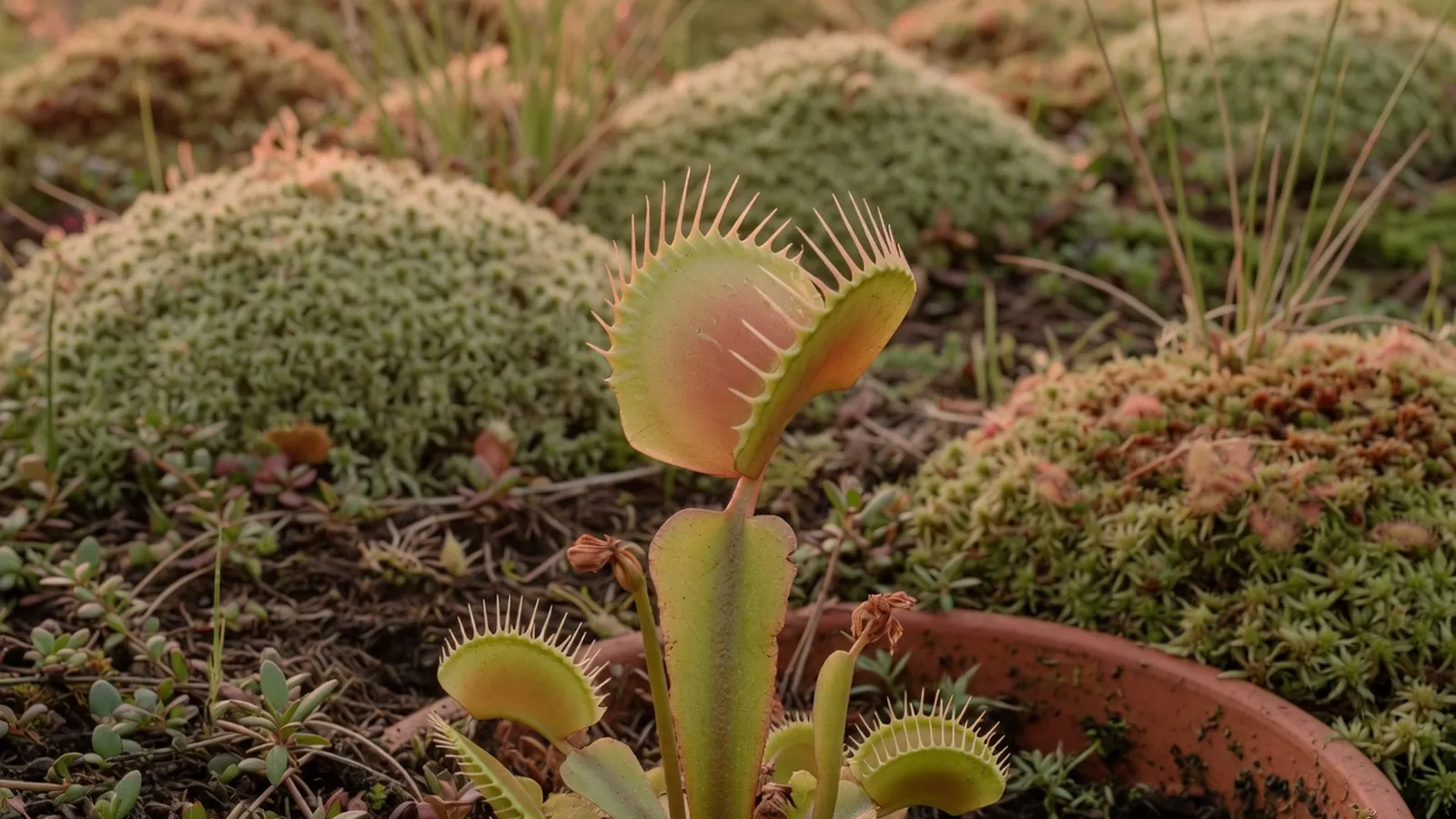 A Venus fly trap with its modified leaves slightly open, revealing the sensitive trigger hairs inside the trap.