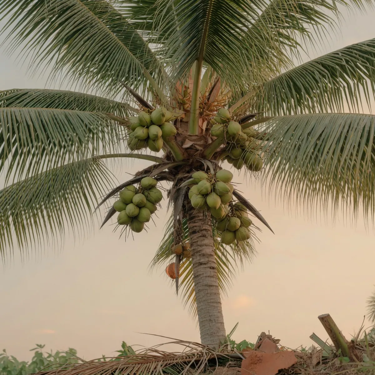 A tall coconut palm tree bearing clusters of green coconuts against a clear tropical sky.