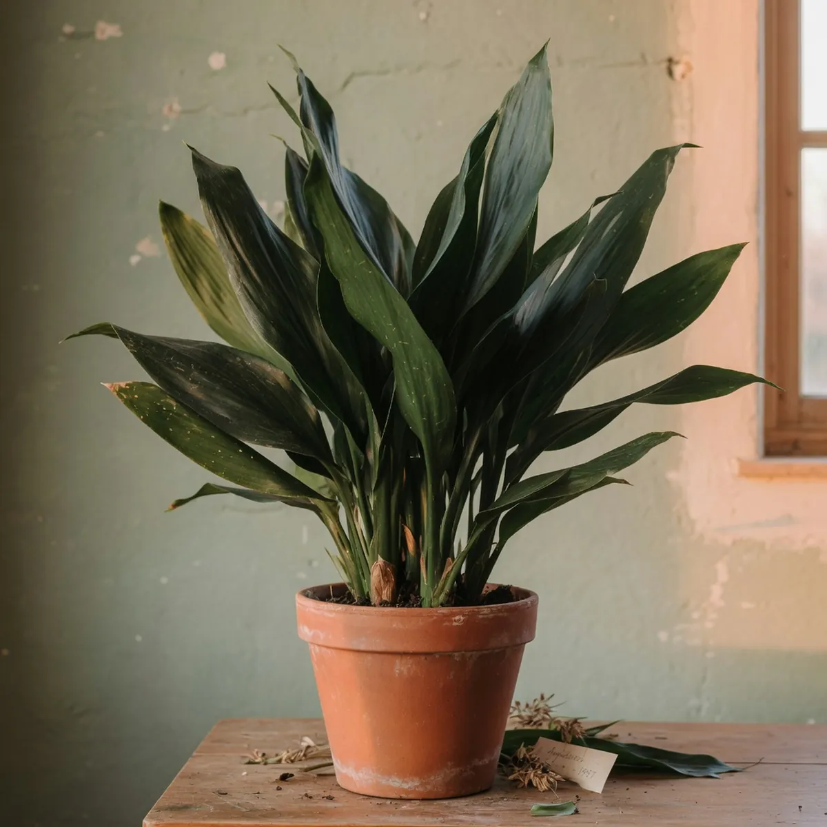 A bushy cast iron plant with glossy dark-green leaves growing in a standard nursery pot.