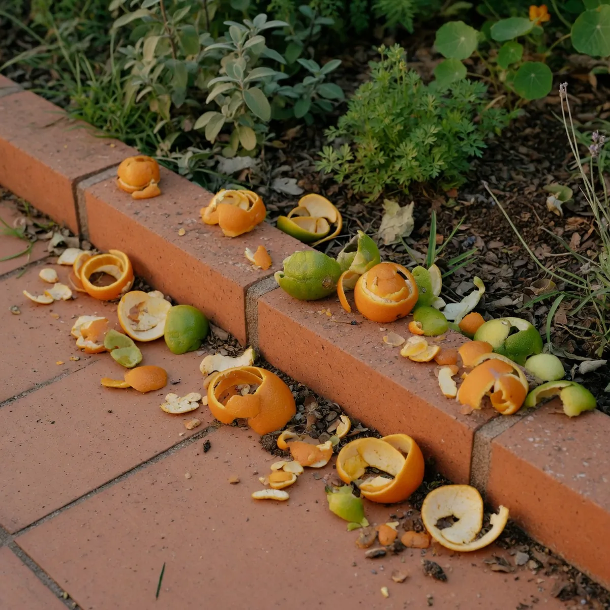 Fresh orange and lime peels are scattered along the edge of a garden bed.