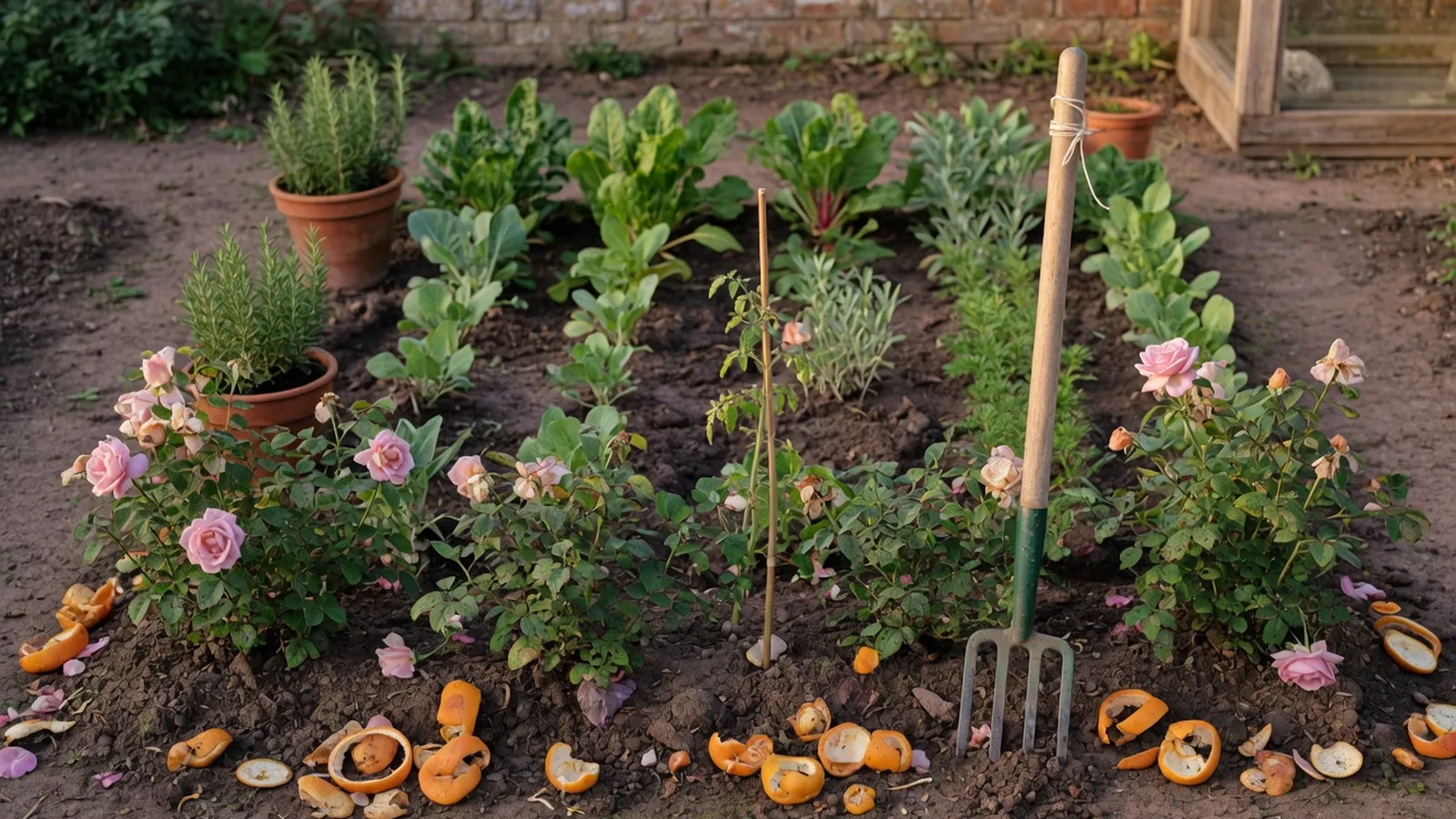 A garden bed is bordered by prickly rose bushes and scattered citrus peels.