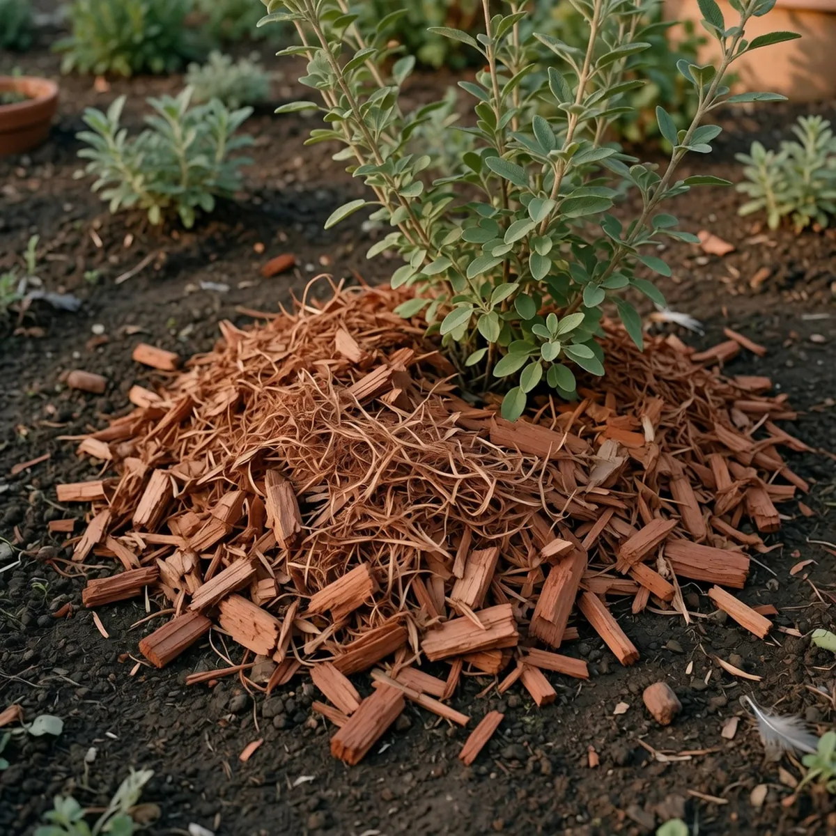 A close-up view of reddish-brown cedar wood chips and stringy bark mulch spread evenly over dark garden soil.