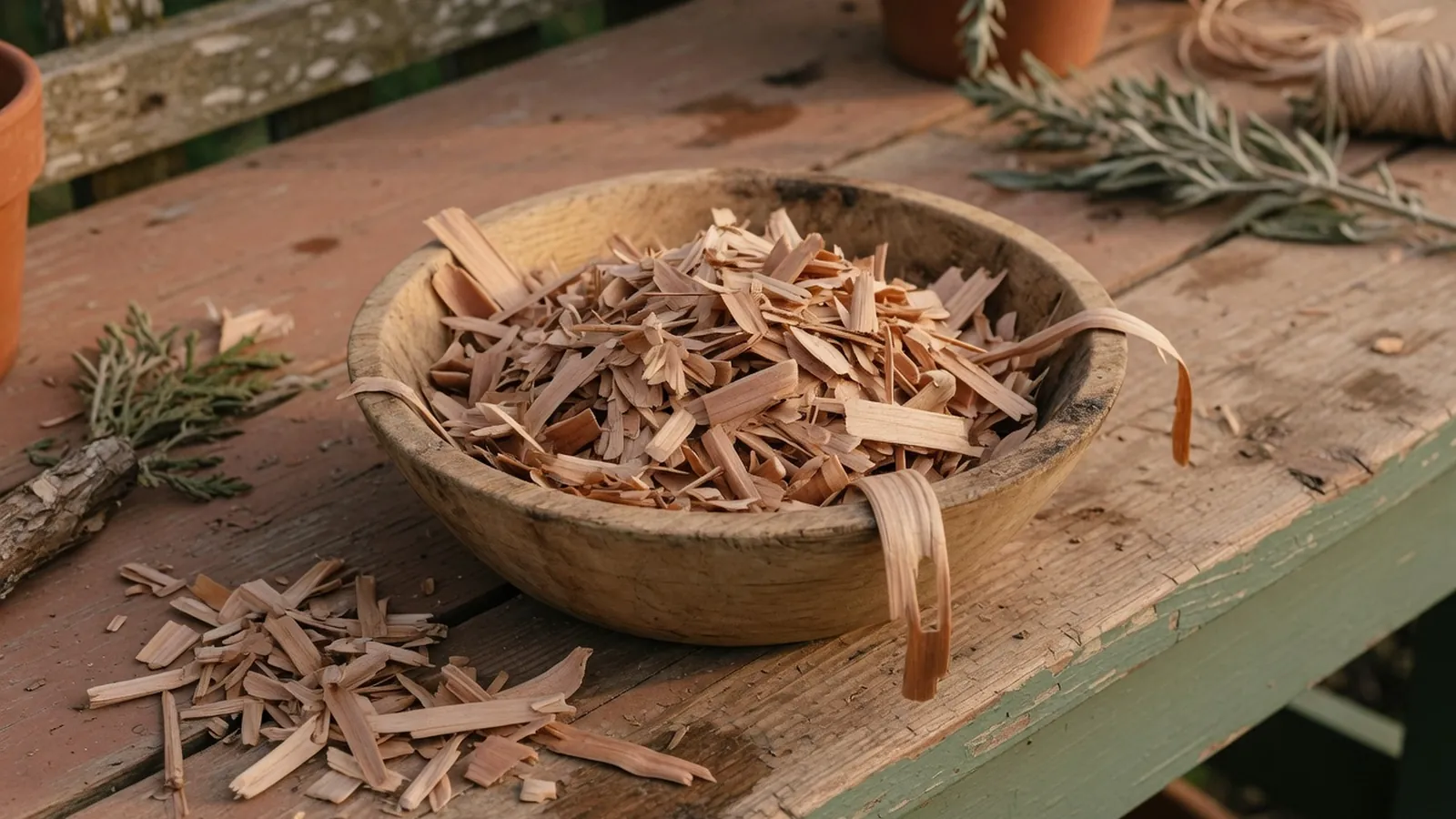A wooden bowl filled with fresh cedarwood shavings and chips on a garden workbench.