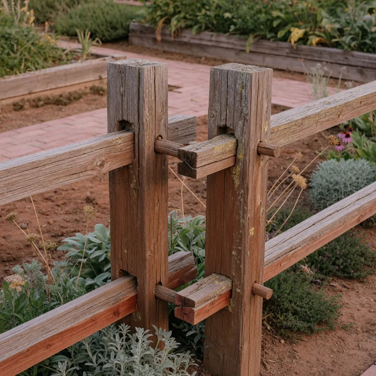 A rustic cedar split-rail fence section standing in a garden setting.