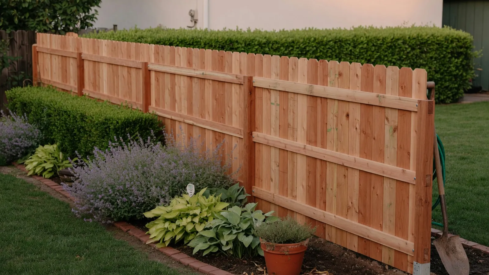 A newly installed cedar fence bordering a residential garden.
