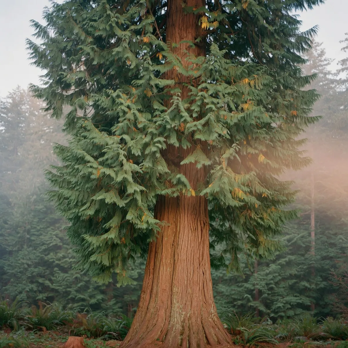 A tall Western Red Cedar tree with thick bark and dense green foliage stands in a misty forest.
