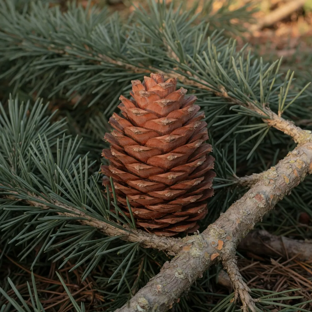 A mature barrel-shaped cedar cone rests among dark green needle leaves on a sturdy branch.