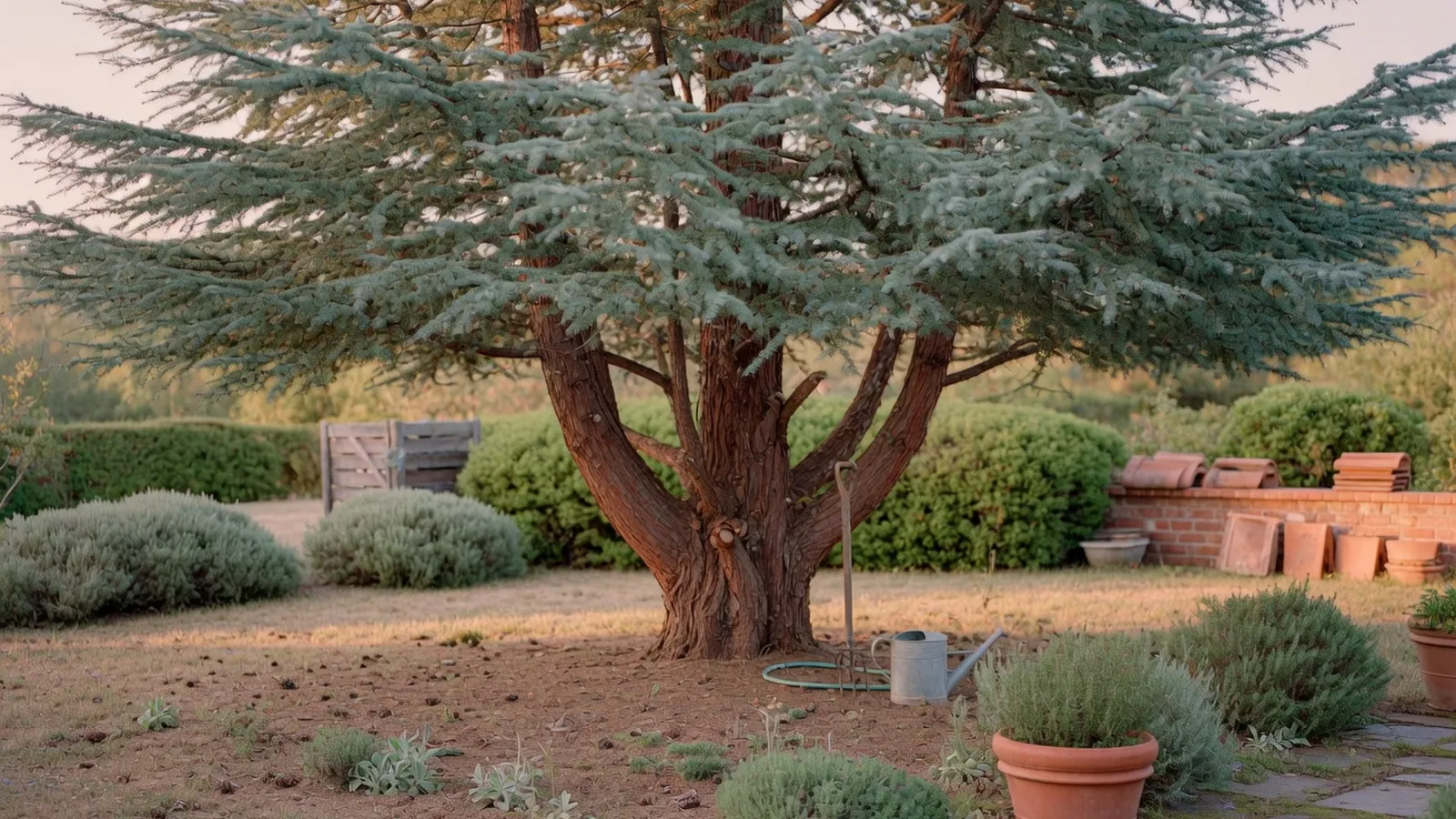 A majestic cedar tree with broad branches and dense evergreen foliage stands against a clear sky.