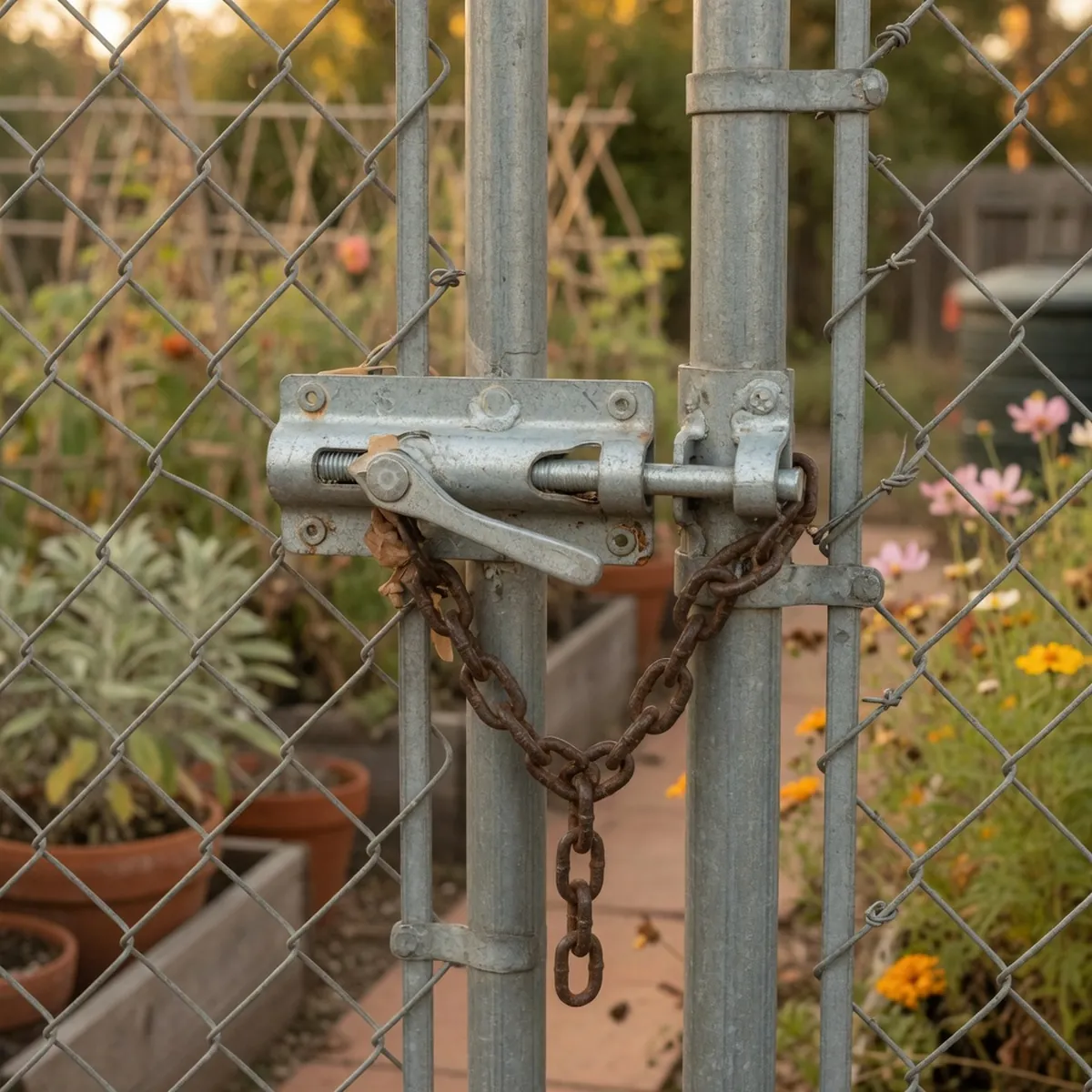 A metal gate latch mechanism is mounted on a chain link fence frame.