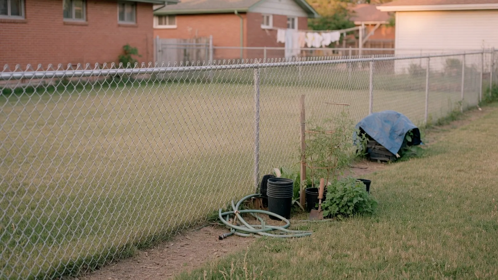 A completed chain link fence installation surrounds a residential property.