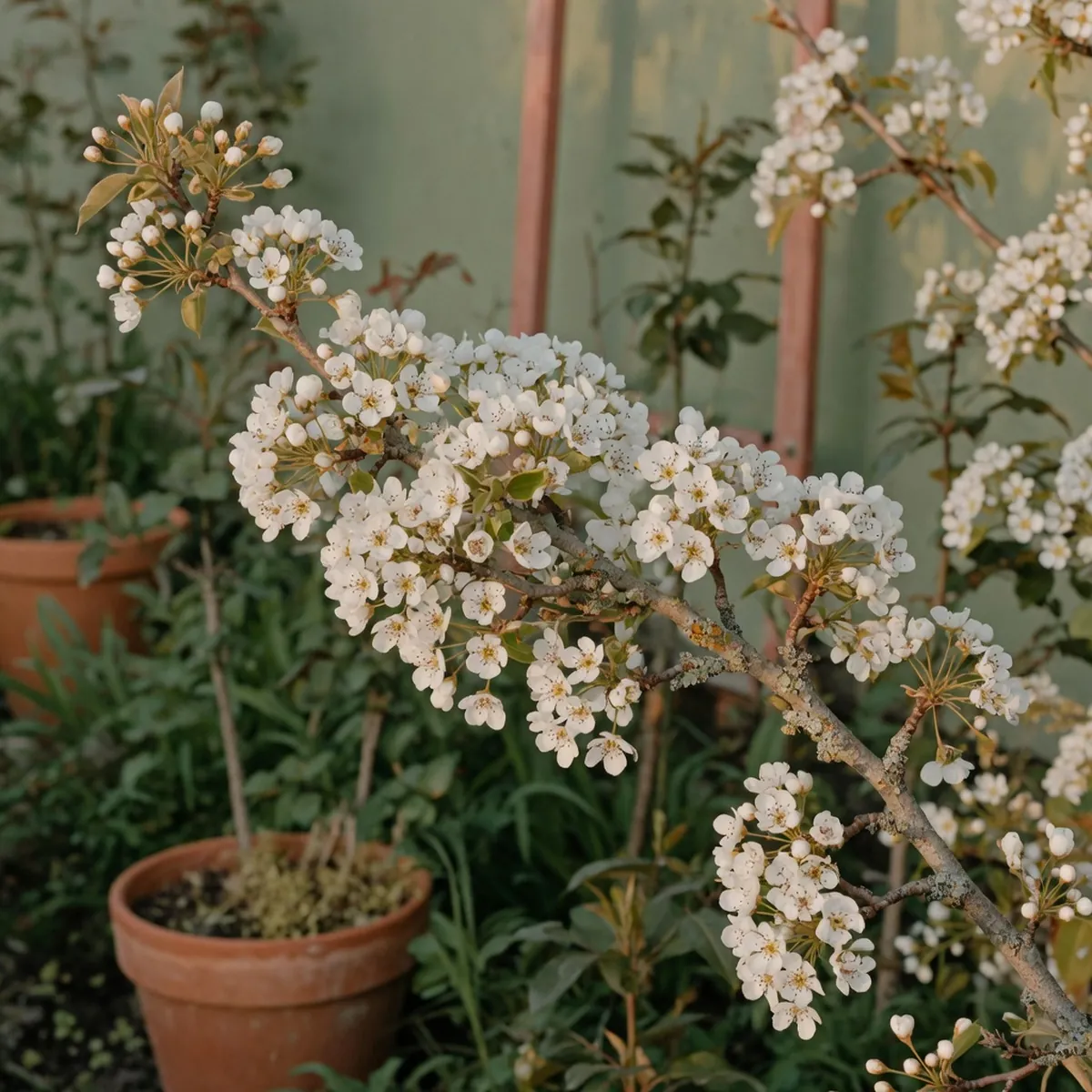 A close-up of a flowering branch showing the delicate white blossoms characteristic of this spring-blooming tree.