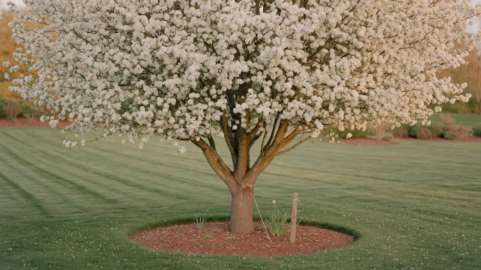 A full view of a mature Chanticleer pear tree displaying its upright pyramidal shape and abundant spring blossoms.