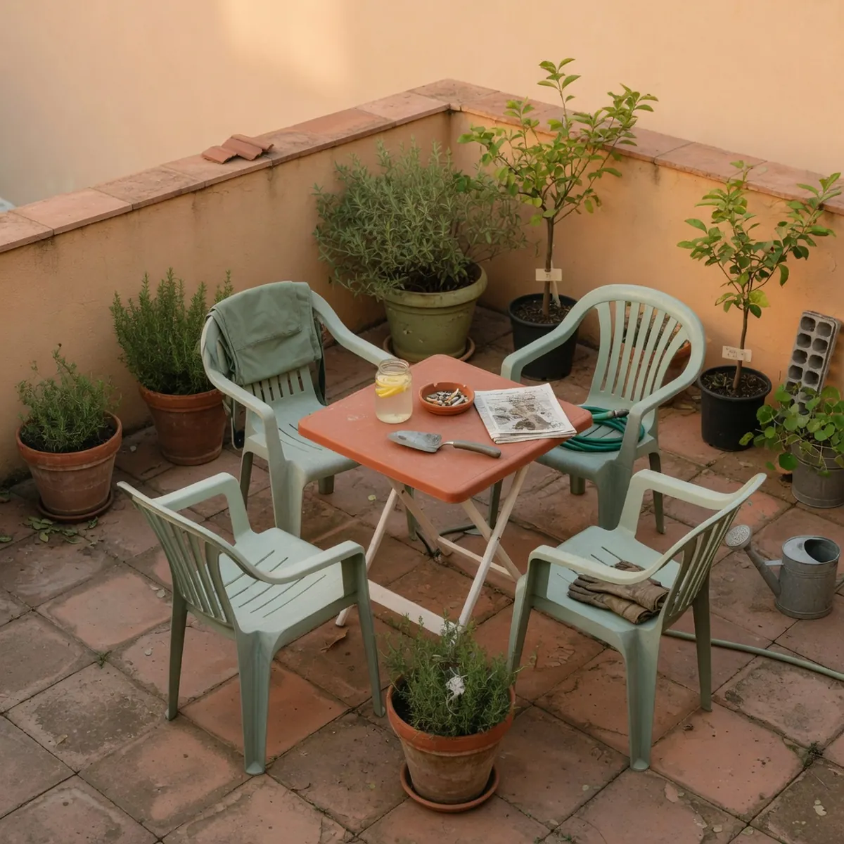 A set of lightweight plastic chairs and a small table arranged on a paved patio.