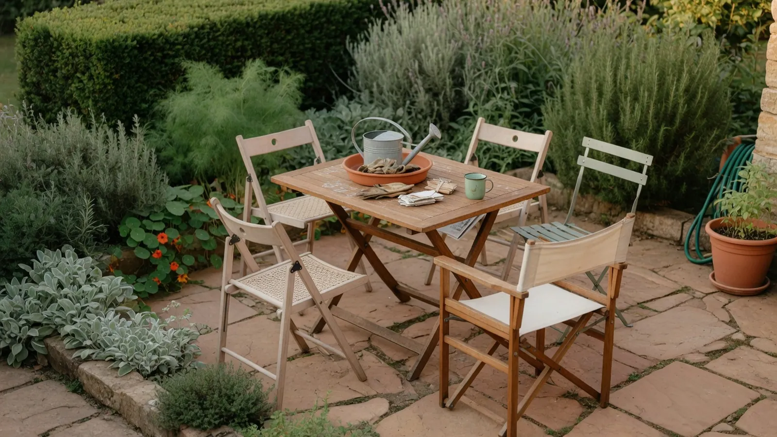 A comfortable outdoor seating arrangement on a sunlit stone patio surrounded by garden plants.