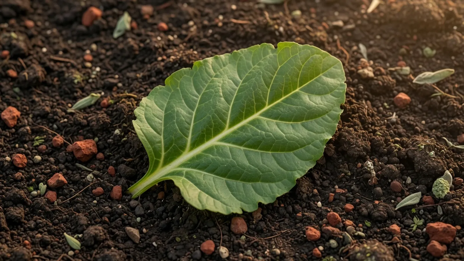 A healthy green leaf with visible veins rests on dark soil.