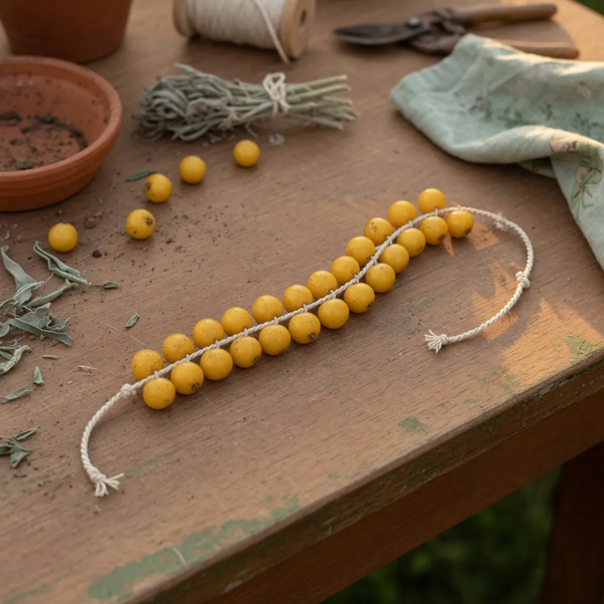 Dried yellow Chinaberry berries threaded onto a string for making handmade beads.