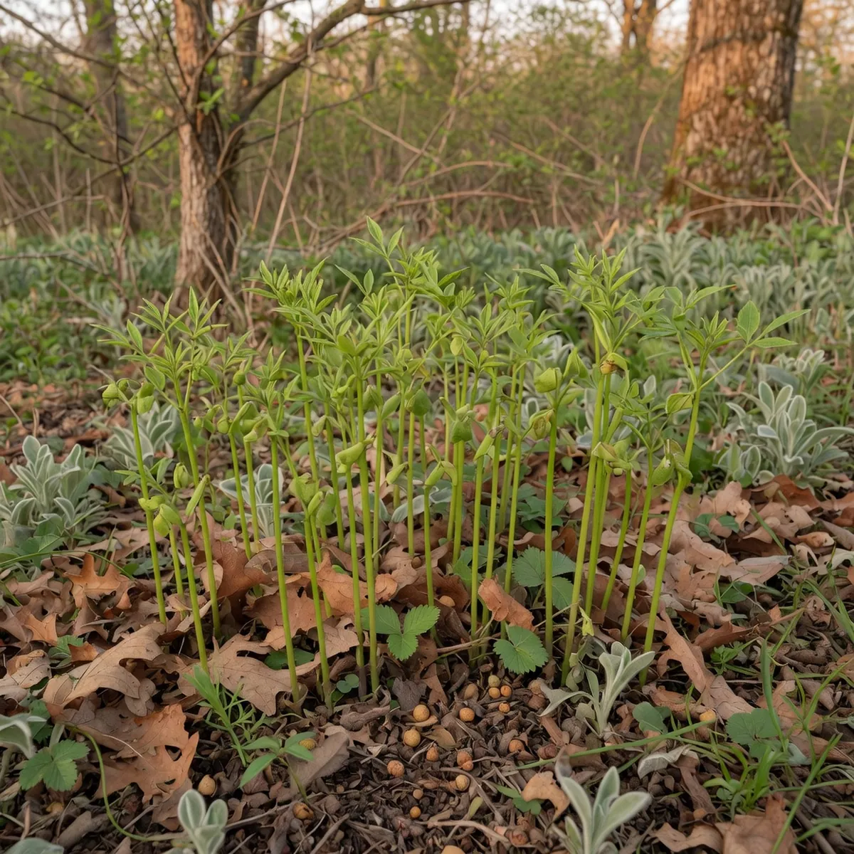 Young Chinaberry seedlings growing densely among native ground cover in a garden border.