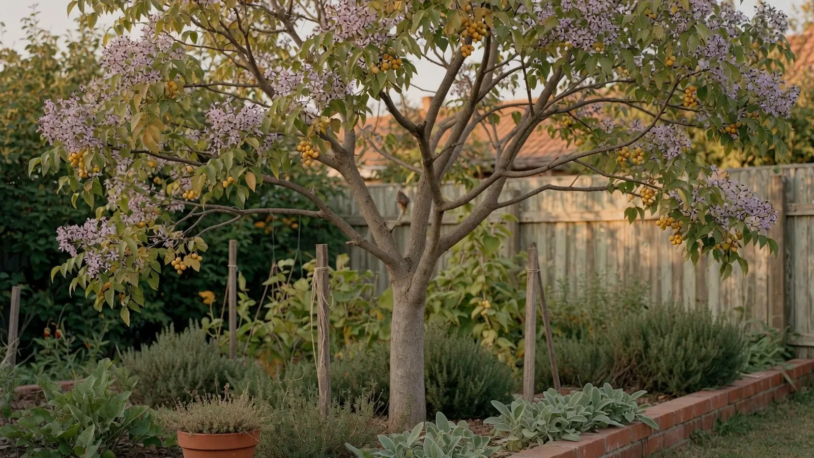 A mature Chinaberry tree displaying clusters of lilac flowers and yellow berries in a garden setting.