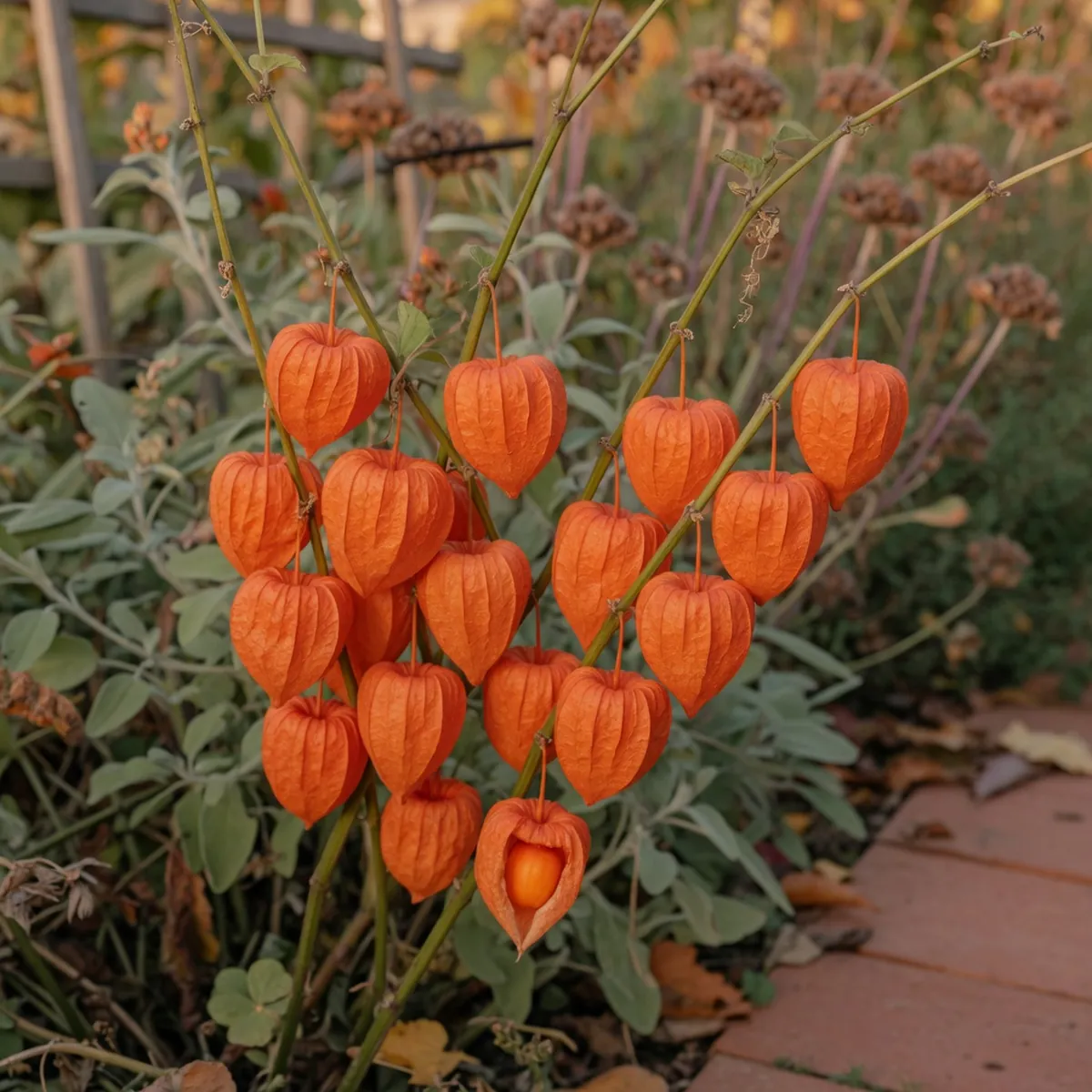 Bright orange ribbed seed husks hang from green stems in a garden setting.