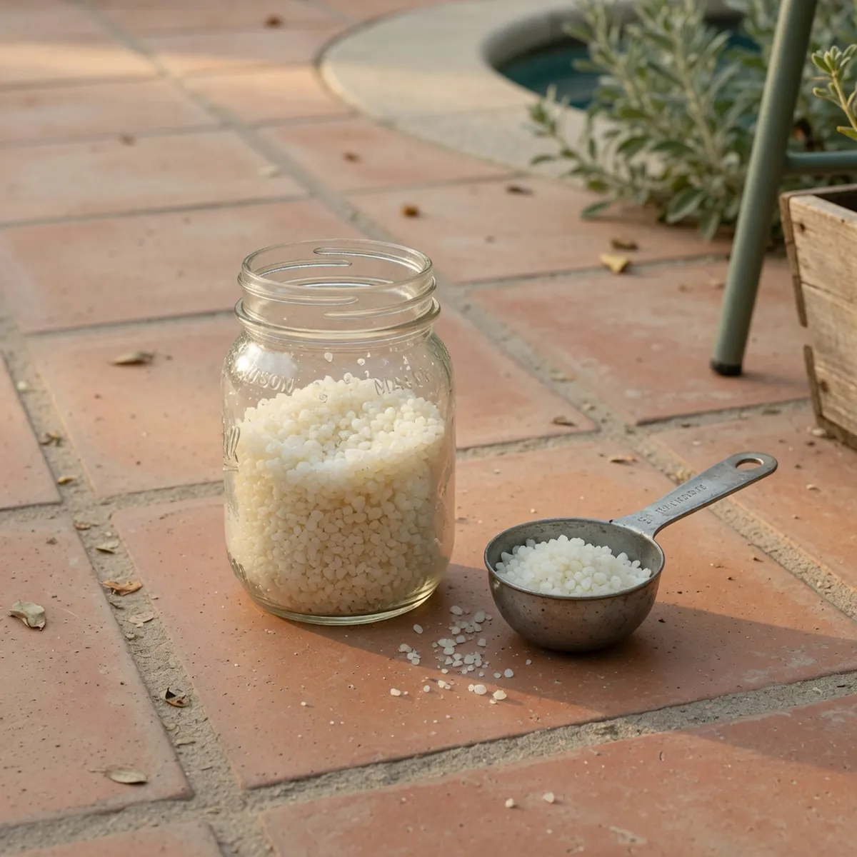 A glass jar of coarse white pool salt crystals beside a metal measuring scoop on a sunlit deck.