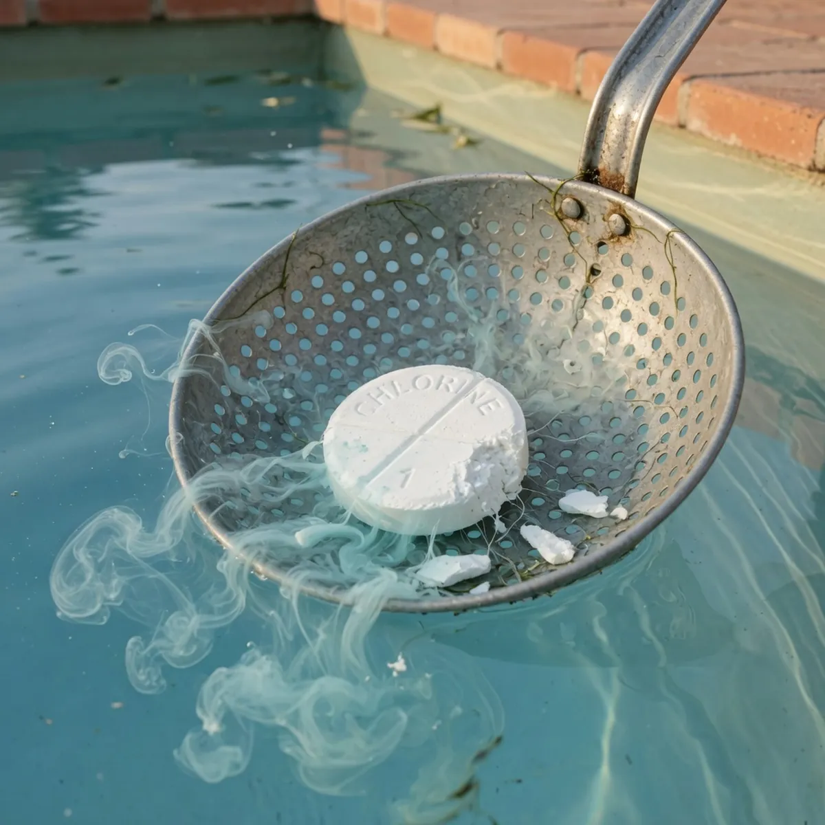 A white chlorine tablet dissolving in a metal skimmer basket submerged in clear blue pool water.