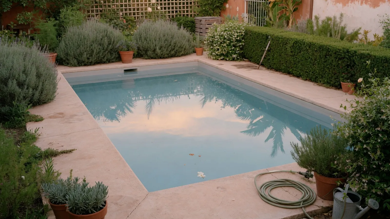 Clear blue swimming pool water reflecting sunlight against a backdrop of green garden foliage.