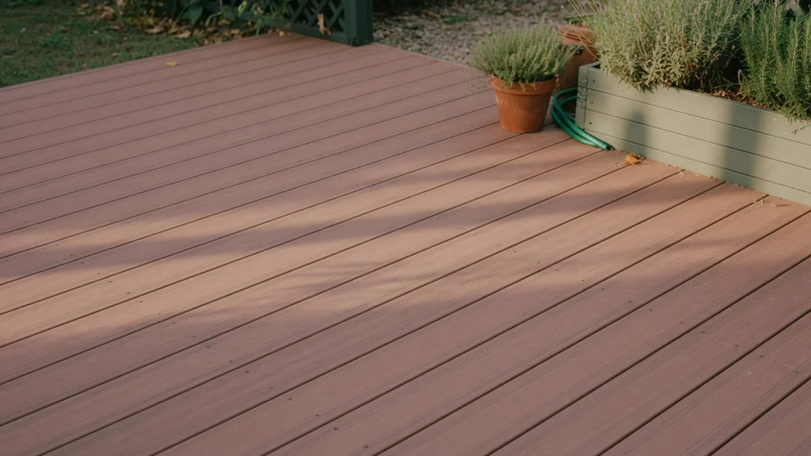 A pristine composite deck extends across a sunlit backyard garden space.