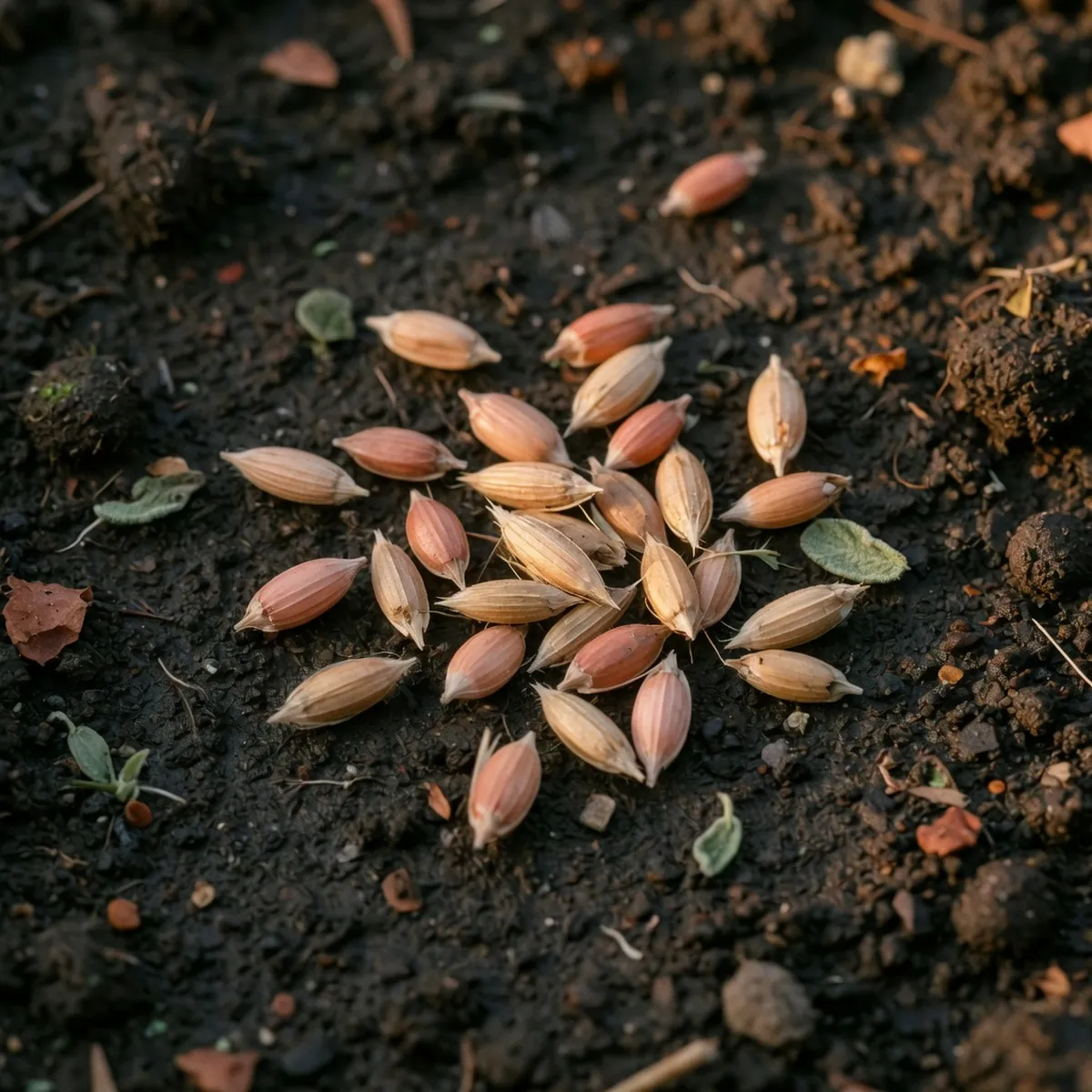 A small cluster of warm-season grass seeds scattered on dark, moist garden soil.