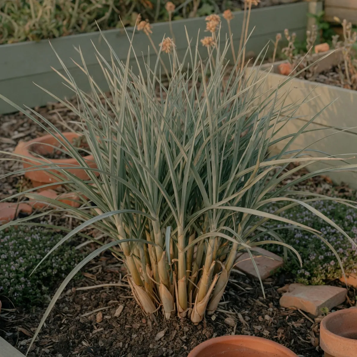 A clumping citronella plant displaying its characteristic gray-green grass-like leaves and cane-like stems.