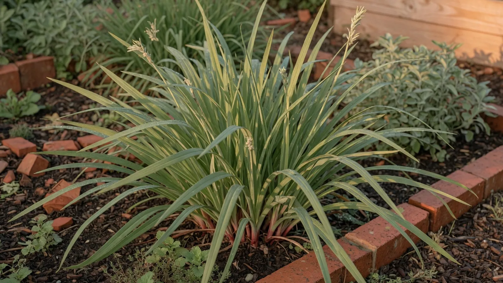 A vibrant citronella plant growing in a sunny garden bed with lush gray-green foliage.