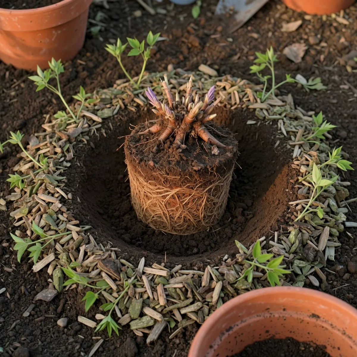 A newly planted clematis root ball surrounded by prepared soil and mulch.