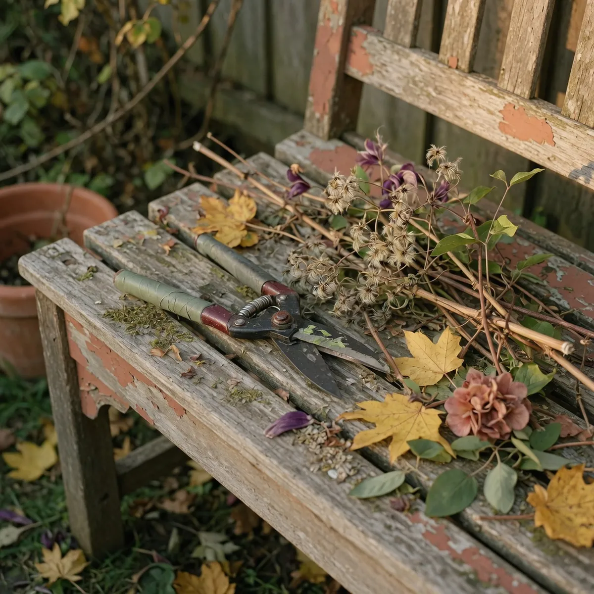 Pruning shears resting on a garden bench next to trimmed clematis stems.
