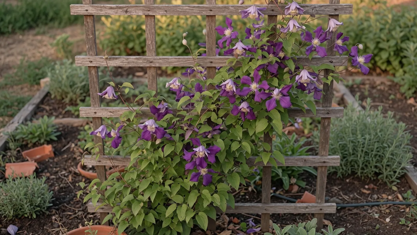 A purple clematis vine climbing a wooden trellis in a garden.