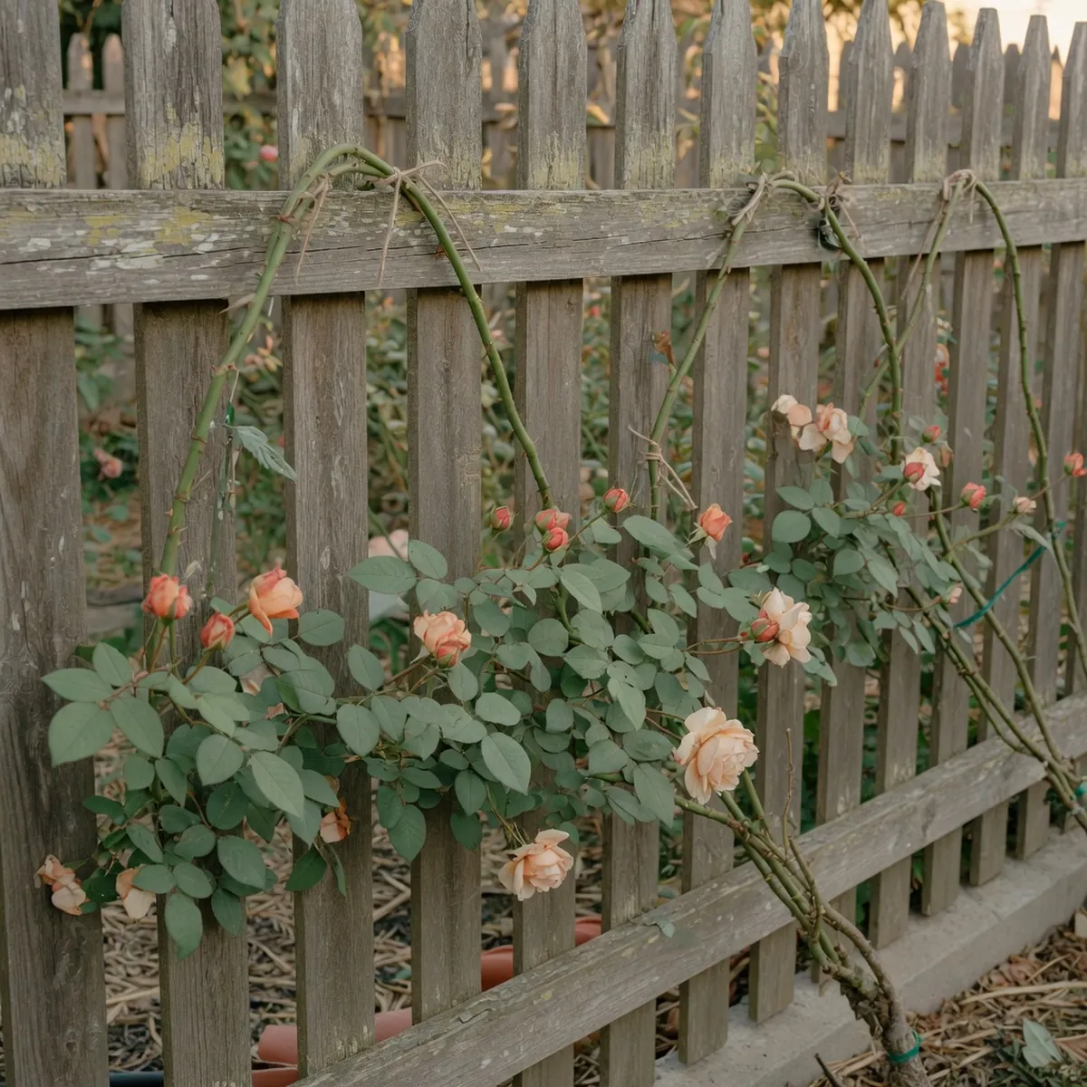 A climbing rose bush with long green canes trained along a weathered wooden garden fence.