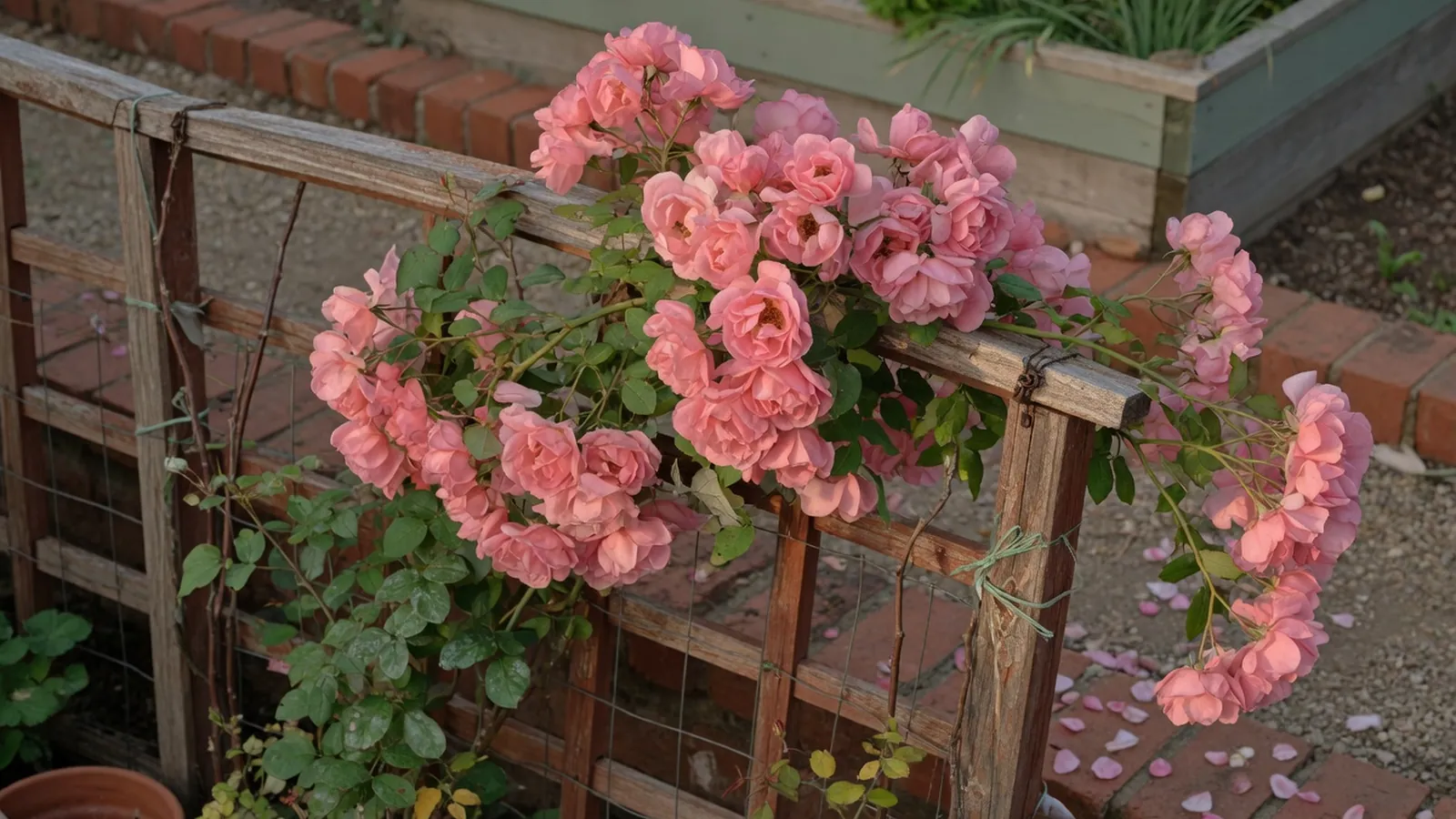 A climbing rose bush with abundant pink blooms cascading over a garden trellis.