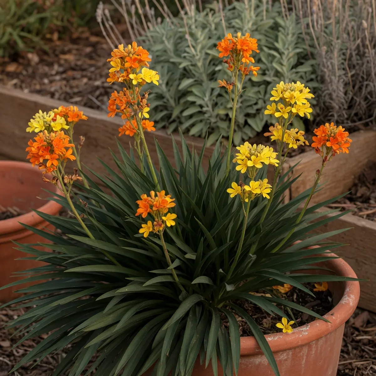 Clump of dark green strap-like leaves with tall stalks bearing clusters of vibrant orange and yellow flowers.