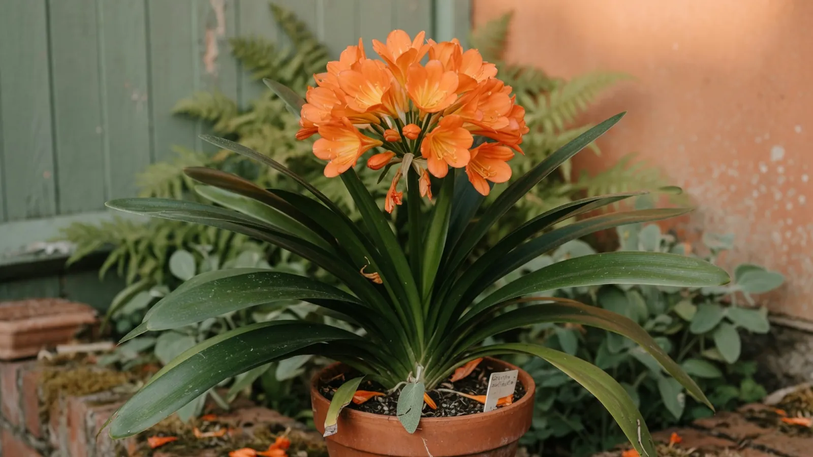 A healthy clivia plant displaying a dense cluster of bright orange trumpet-shaped flowers above broad green leaves.