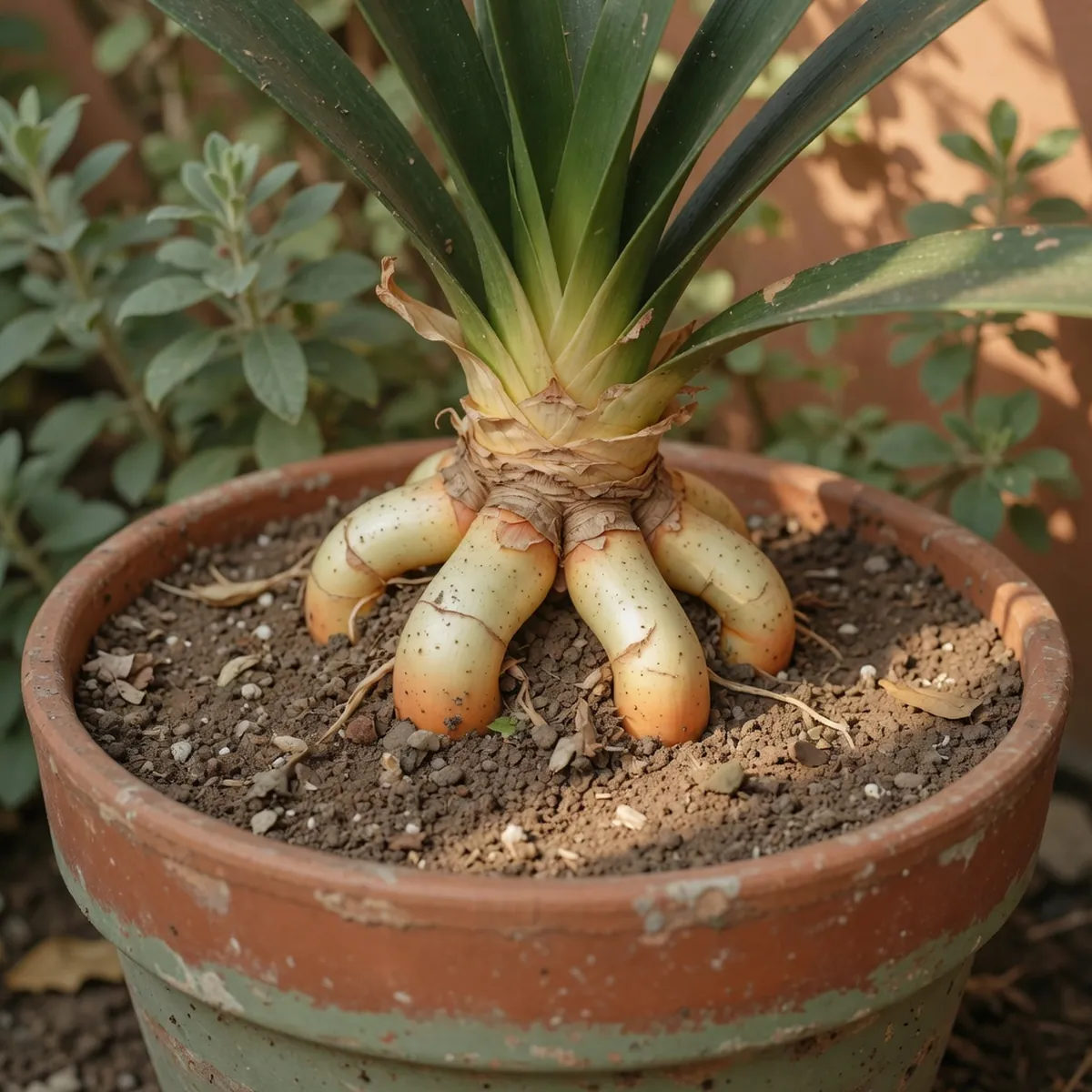 The base of a clivia plant showing dry topsoil and thick bulbous roots in a dark container.