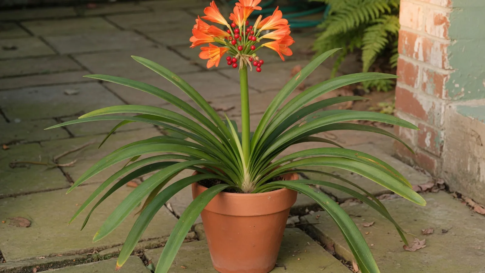 A mature clivia plant with arching green leaves and a tall stalk of orange flowers and red berries in a terracotta pot.