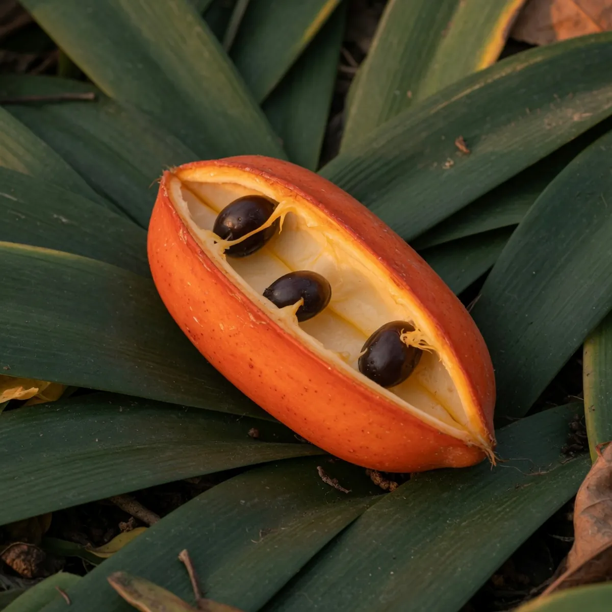 A ripe orange Clivia seed pod split open to reveal plump dark seeds nestled in pale pulp.