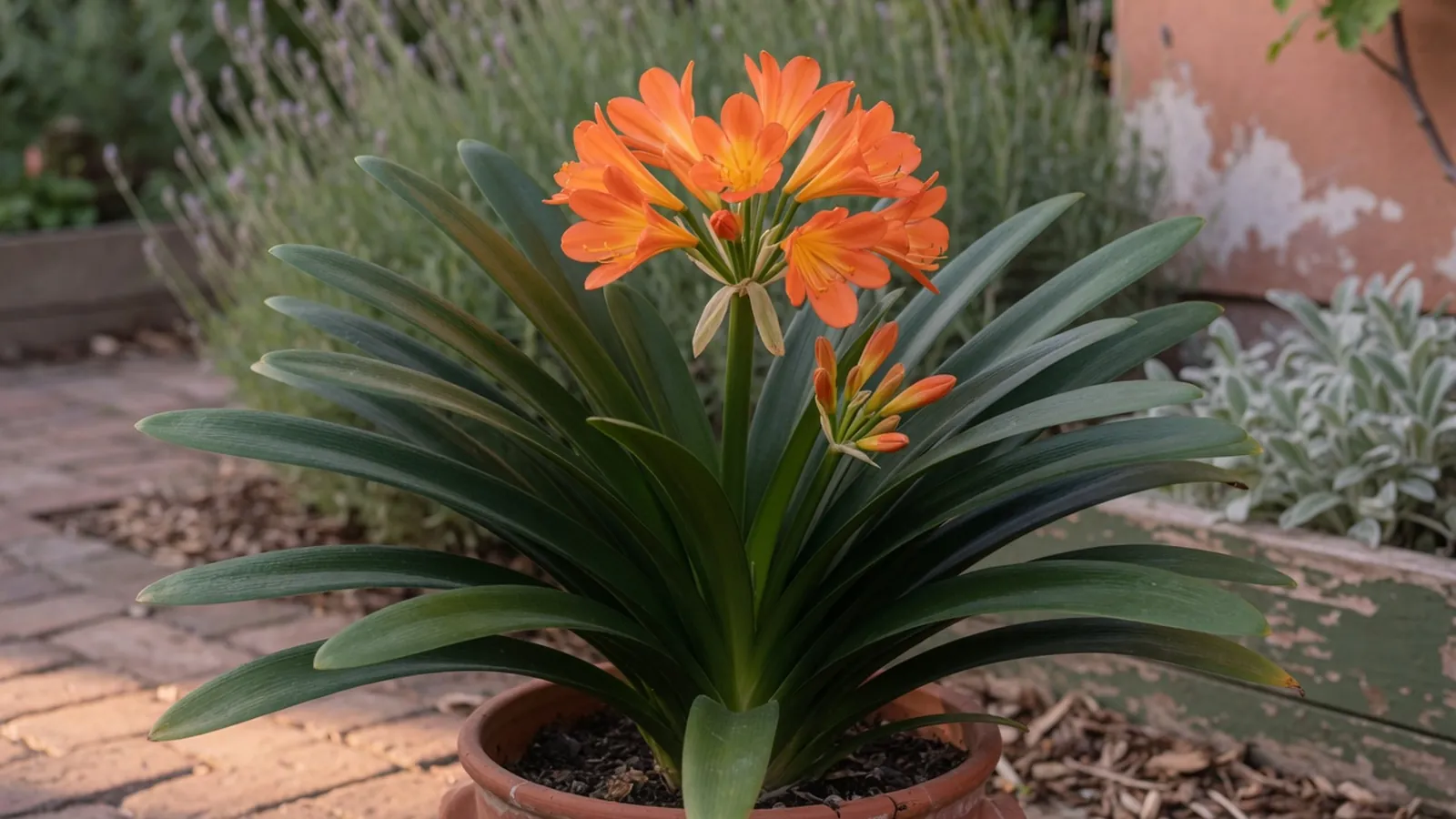 A mature Clivia plant displaying broad green leaves and a cluster of bright orange bell-shaped flowers.