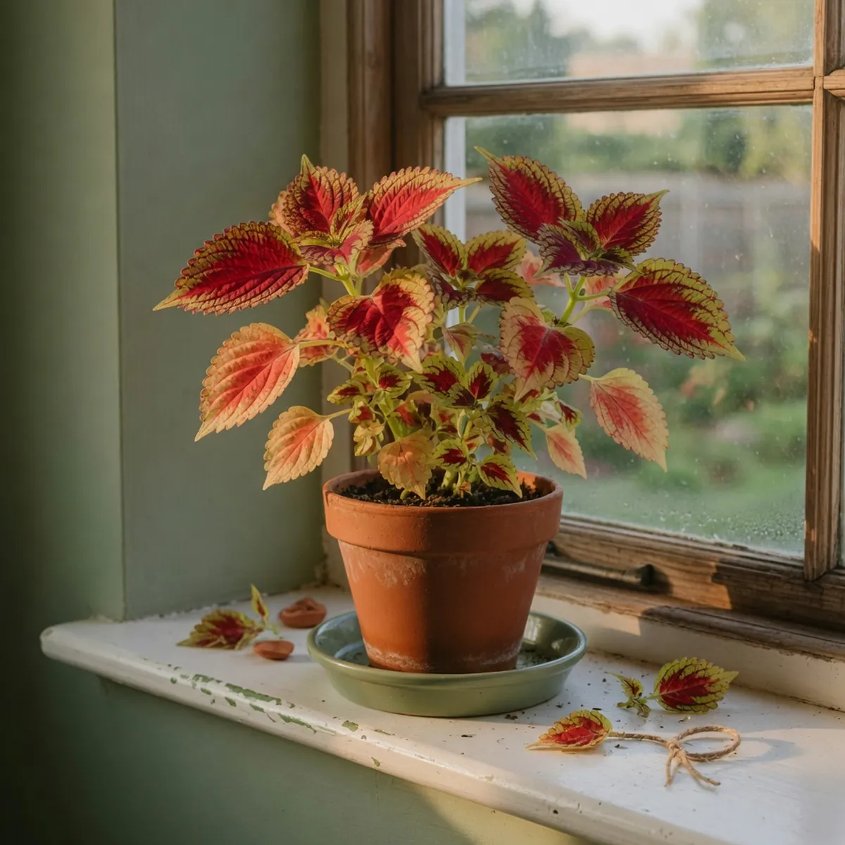 A potted coleus plant displaying vibrant red and green variegated foliage on a bright windowsill.