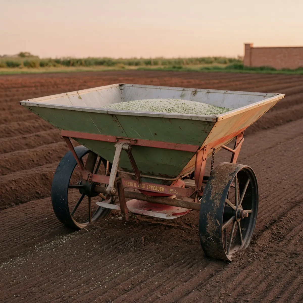 A heavy-duty agricultural fertilizer spreader with a wide steel hopper and ground-driven wheels positioned on a field.