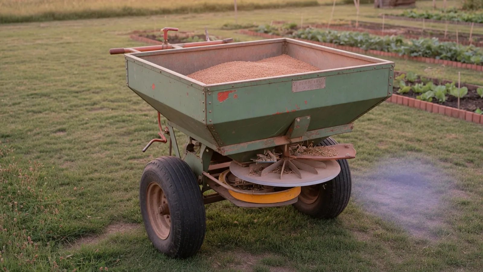 A commercial fertilizer spreader parked on a grassy field ready for agricultural use.