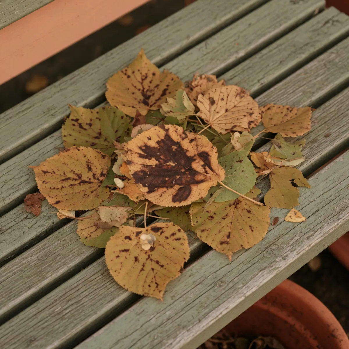 Linden leaves exhibiting tan and dark brown blotches typical of anthracnose fungal infection.