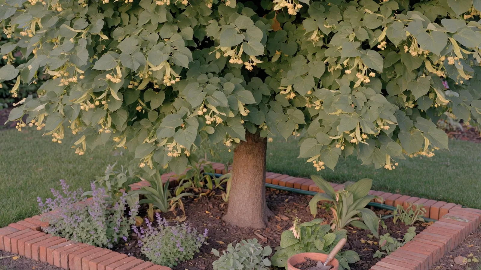 A mature linden tree displaying heart-shaped leaves and pale yellow-green flower clusters in a garden setting.