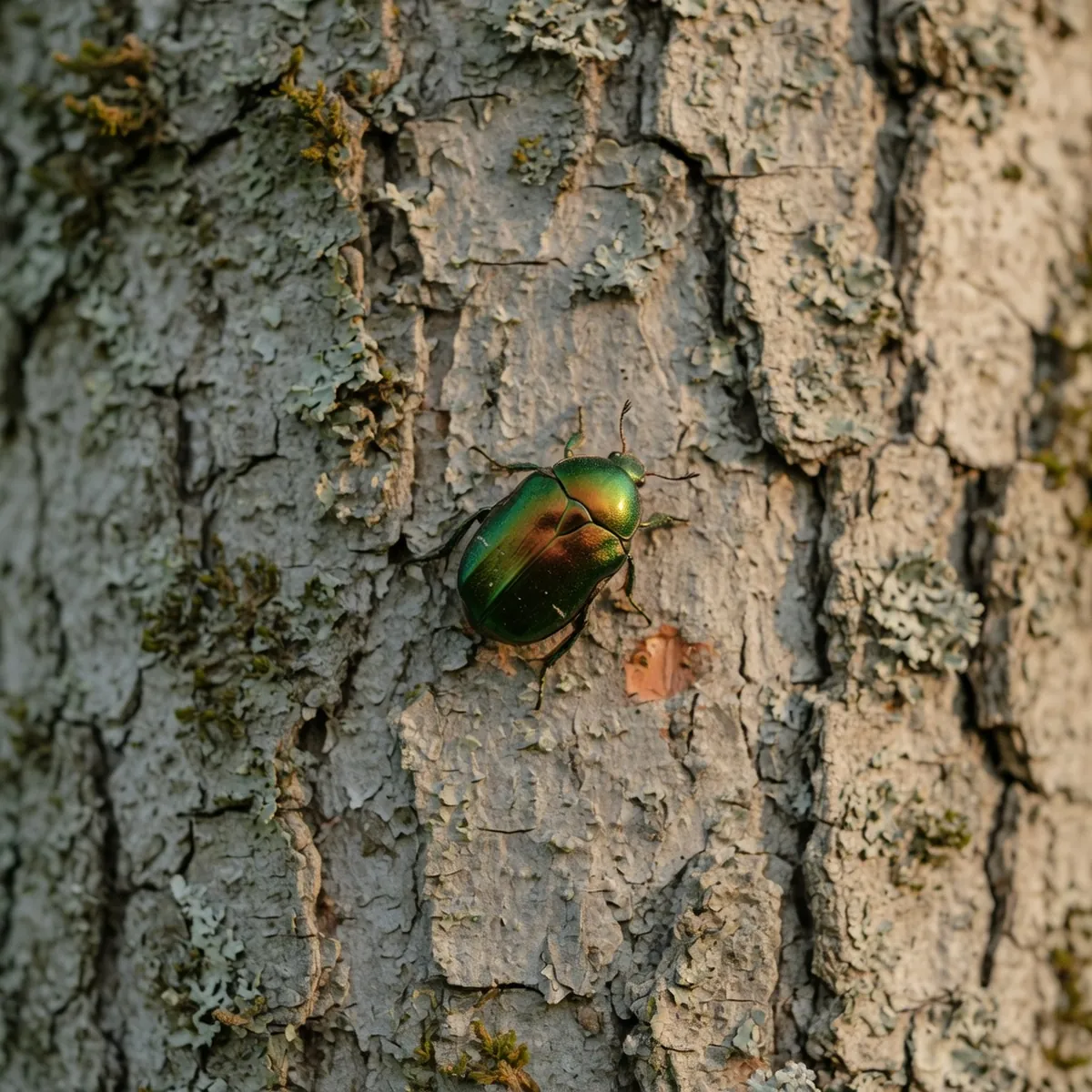 A close-up of an emerald green beetle on ash tree bark.