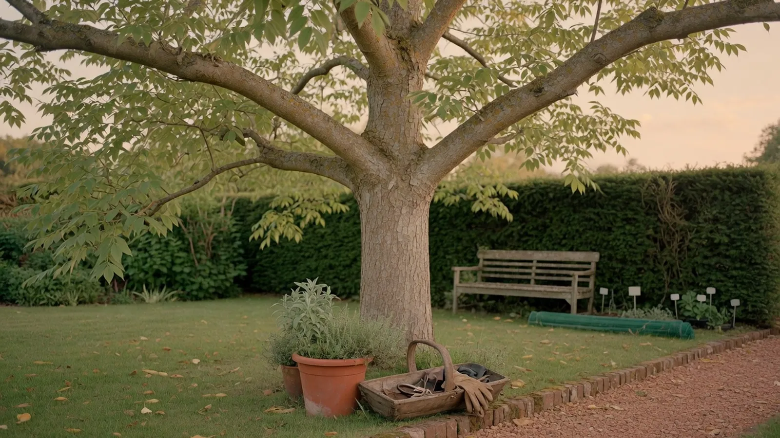 A mature ash tree canopy with compound leaves in a garden setting.