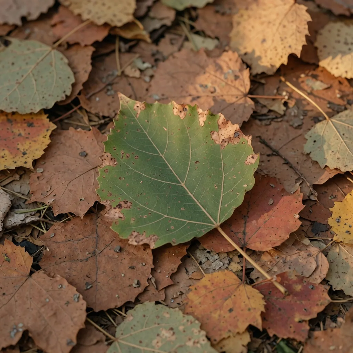 Close-up of an aspen leaf showing small brown spots that enlarge and cause leaf drop.
